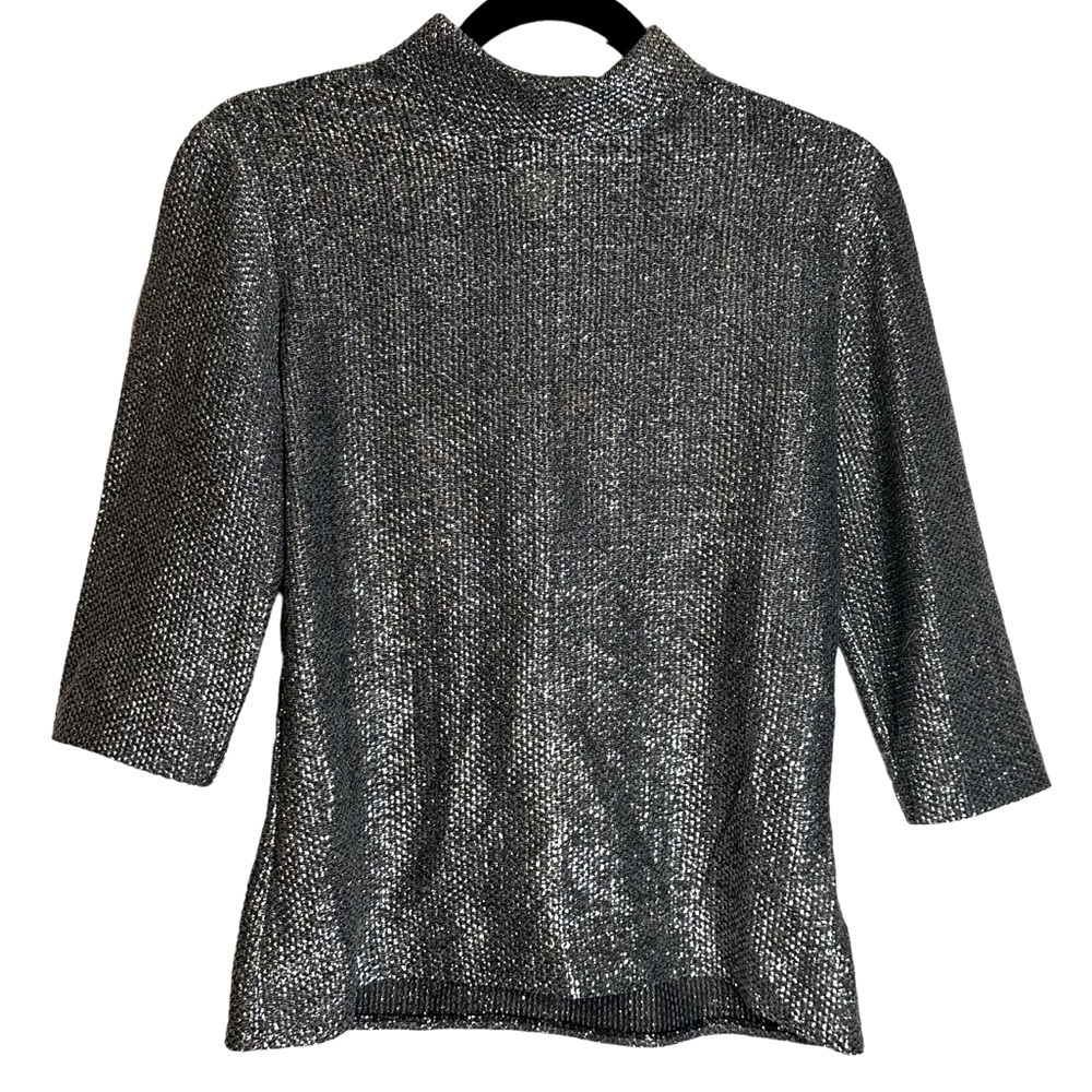 Vintage Seasons V Silver Metallic Mock Neck Top ILGWU Union Made Disco Mod 12